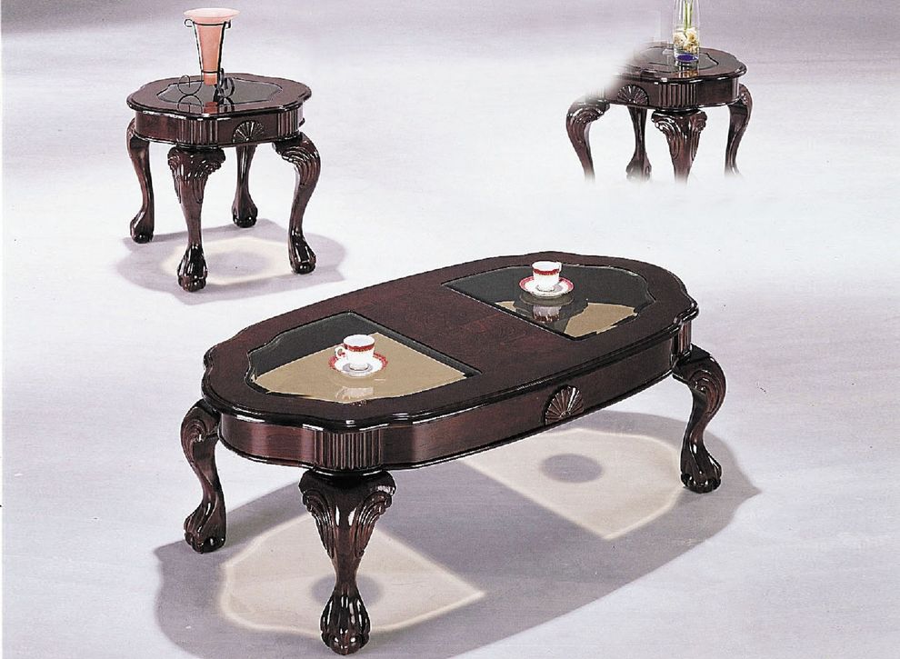 Cherry finish / smoky glass top coffee table set by Acme