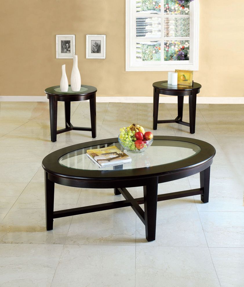 Espresso finish / glass top insert coffee table set by Acme