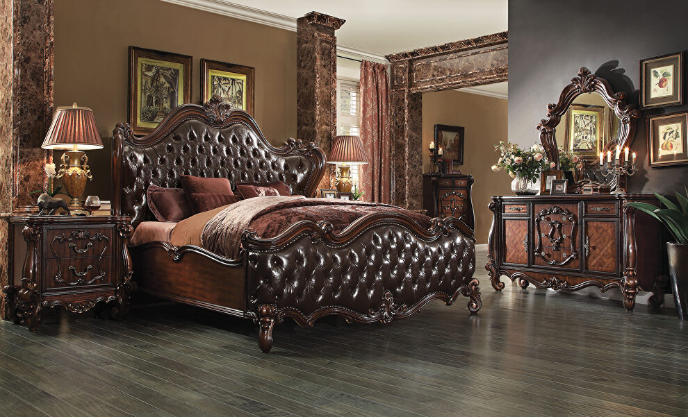 2-tone dark brown pu & cherry oak eastern king bed by Acme