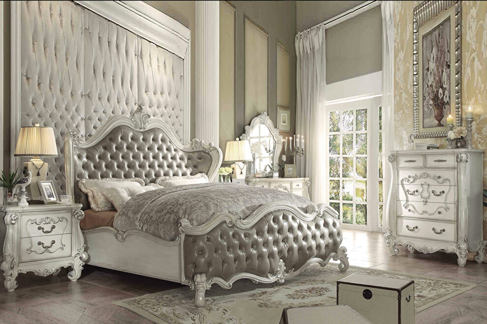 Vintage gray pu & bone white queen bed by Acme
