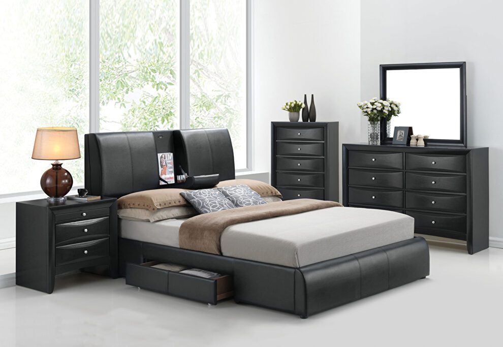 Black pu queen bed w/storage by Acme