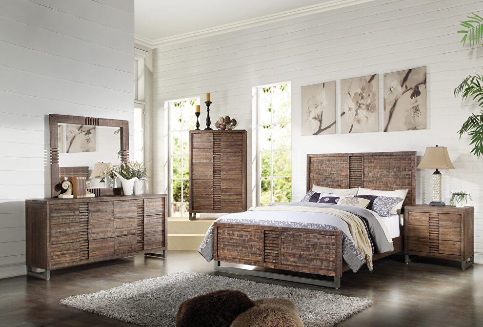 Reclaimed oak finish wood panel queen bed by Acme