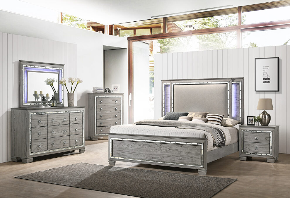 Fabric & light gray oak queen bed by Acme
