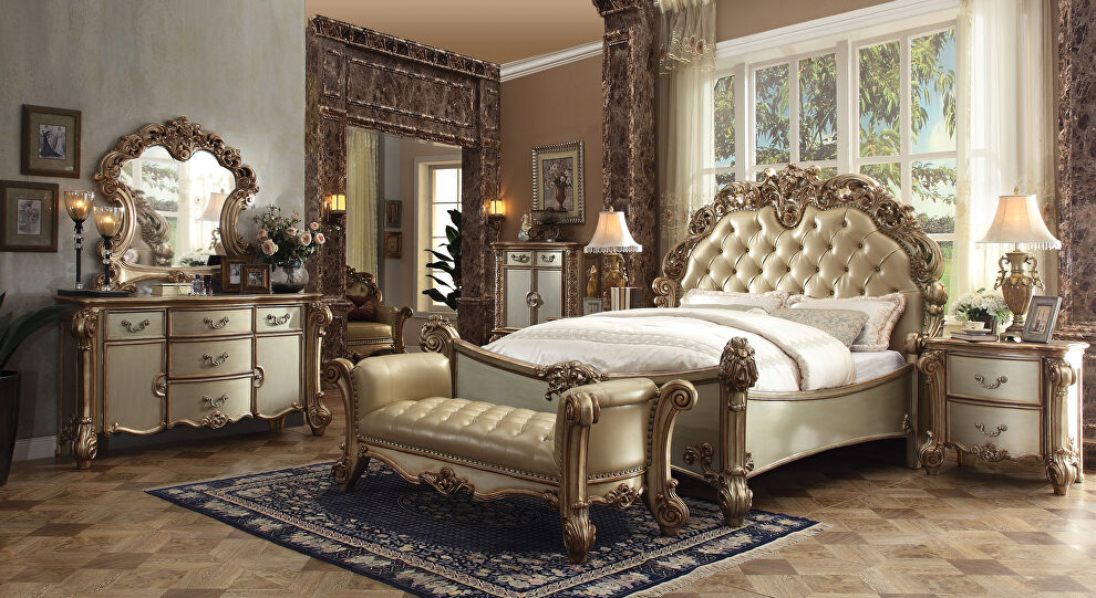 Bone leather & gold patina queen bed set by Acme