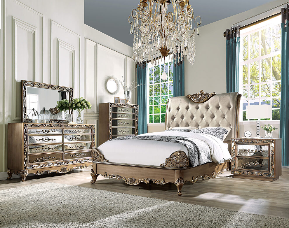 Champagne pu & antique gold queen bed by Acme