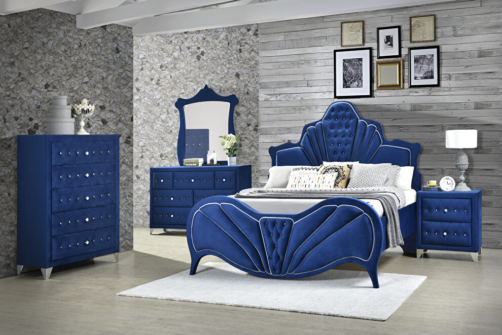 Blue velvet eastern king bed by Acme
