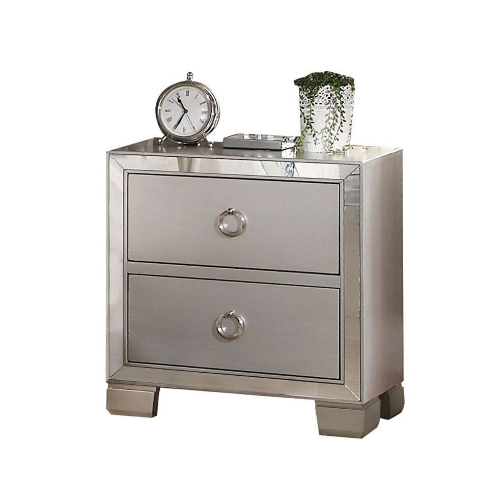 Platinum mirrored panel nightstand in glam style by Acme