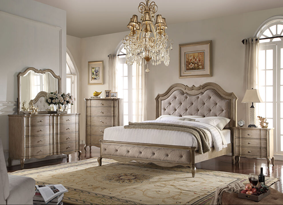 Beige fabric & antique taupe eastern king bed by Acme