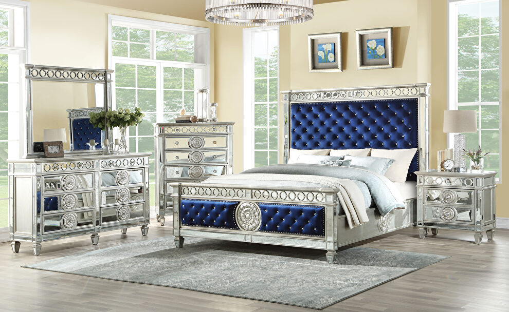 Blue velvet & mirrored eastern king bed by Acme
