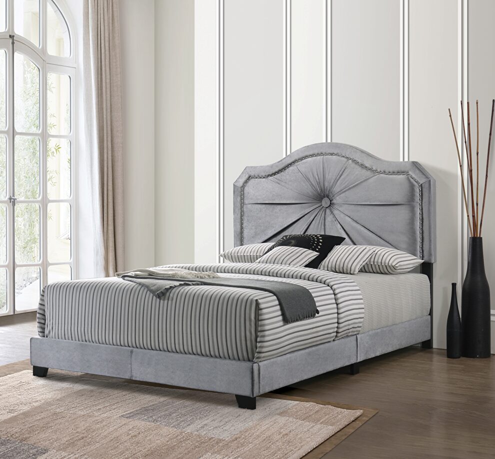 Gray velvet queen bed in queen by Acme