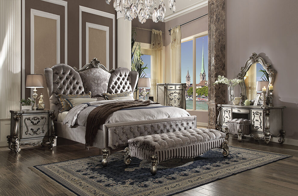 Velvet & antique platinum eastern king bed by Acme