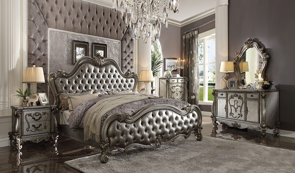 Silver pu & antique platinum eastern king bed by Acme