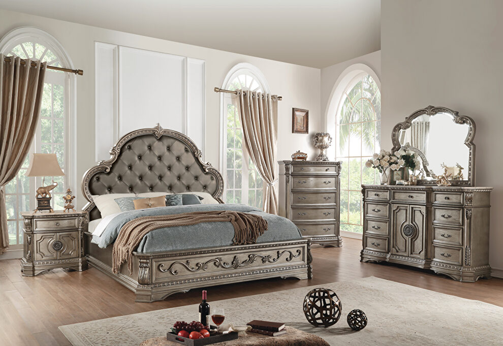 Pu & antique silver queen bed by Acme