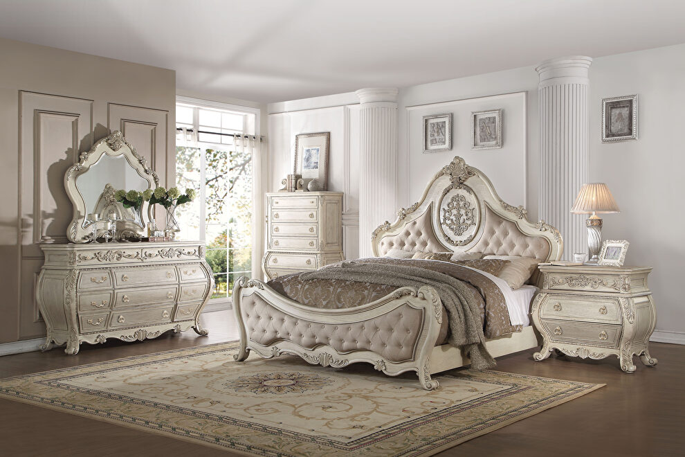 Beige linen & antique white eastern king bed by Acme