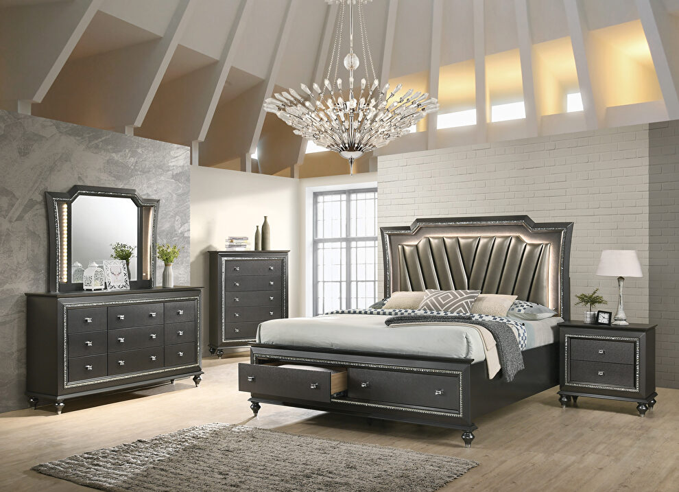 Pu & metallic gray finish king bed w/storage by Acme