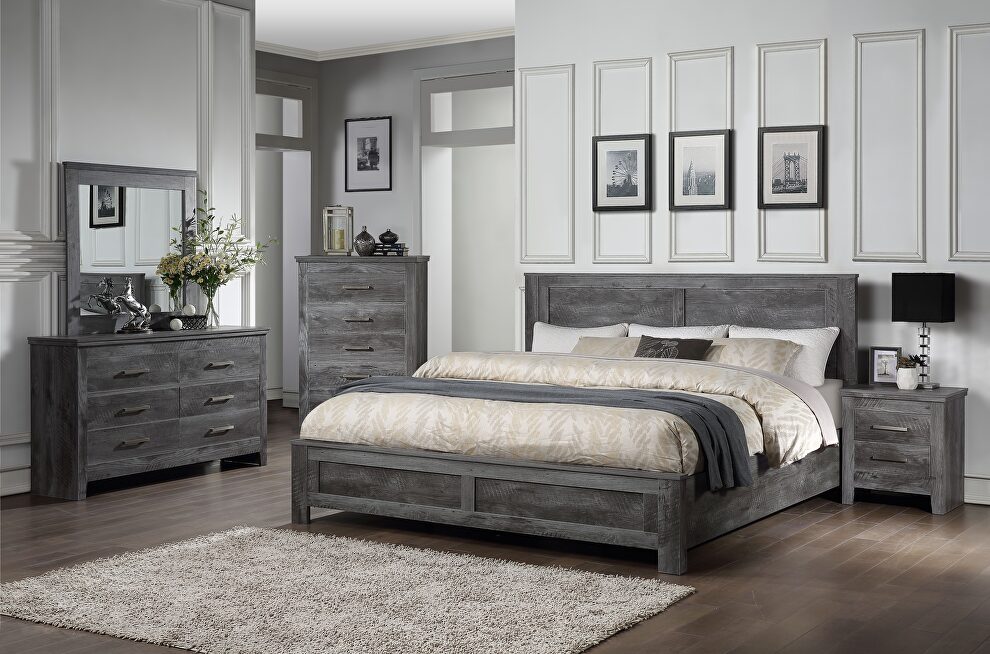 Rustic gray oak eastern king bed in distressed finish by Acme