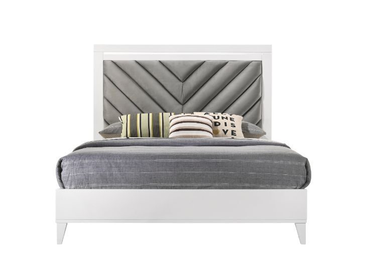 Gray fabric upholstered headboard & white finish king bed by Acme