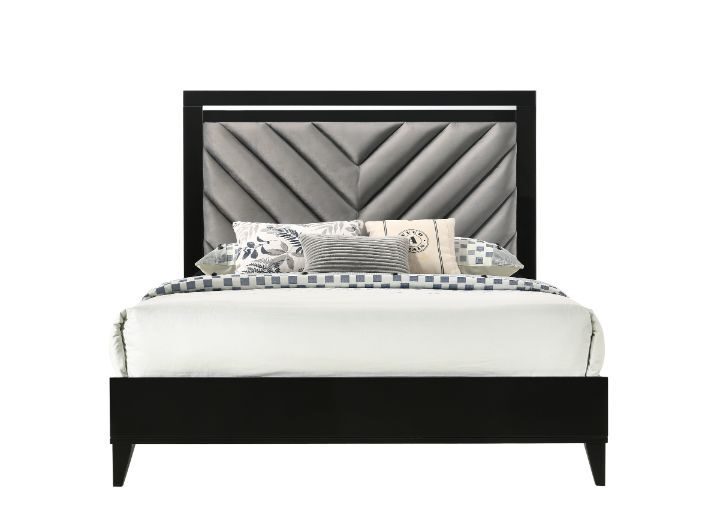 Gray fabric upholstered headboard & black finish king bed by Acme