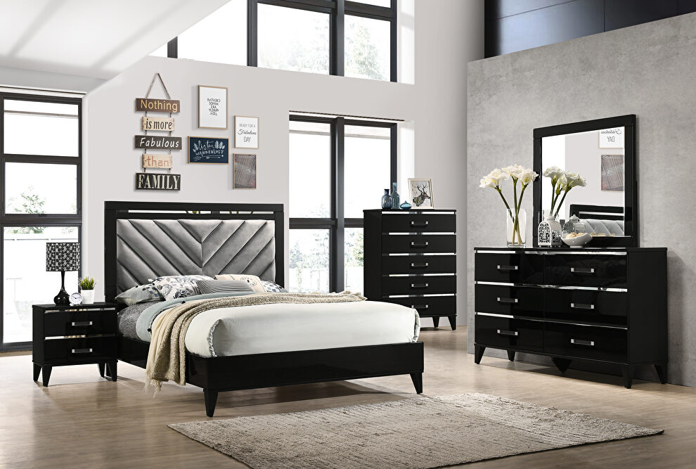 Gray fabric upholstered headboard & black finish queen bed by Acme