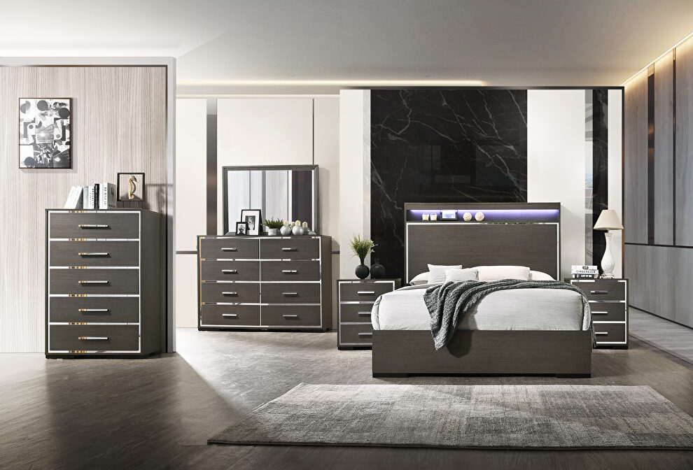 Led & gray oak queen bed by Acme