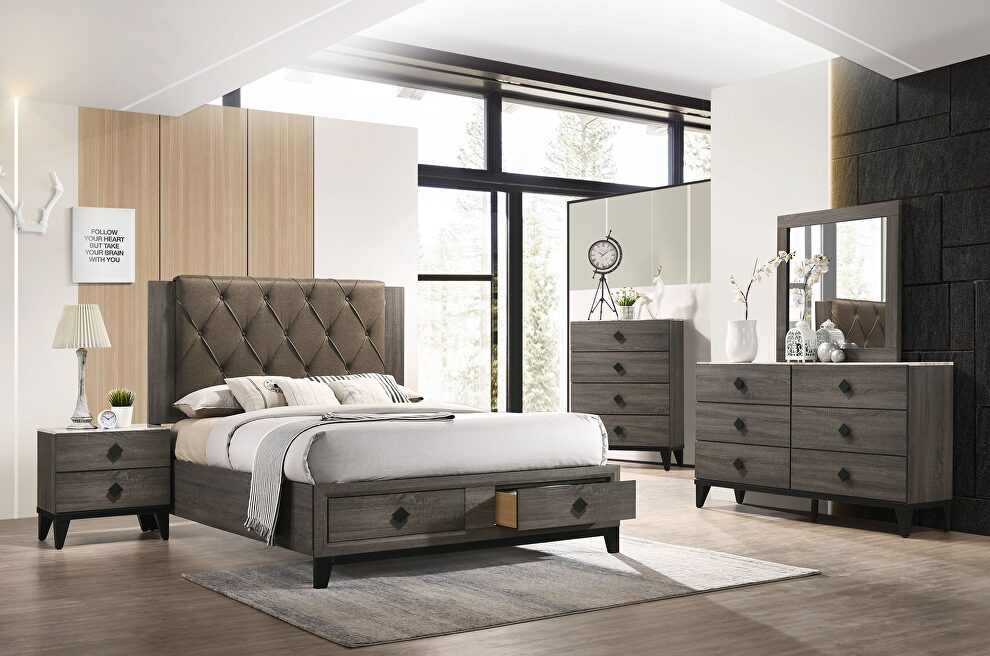 Fabric & rustic gray oak queen bed w/storage by Acme