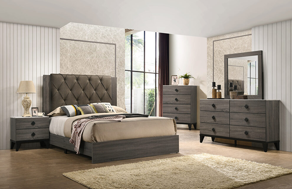 Fabric & rustic gray oak queen bed by Acme