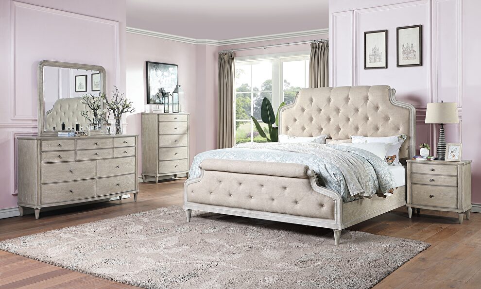 Fabric & white-washed queen bed by Acme