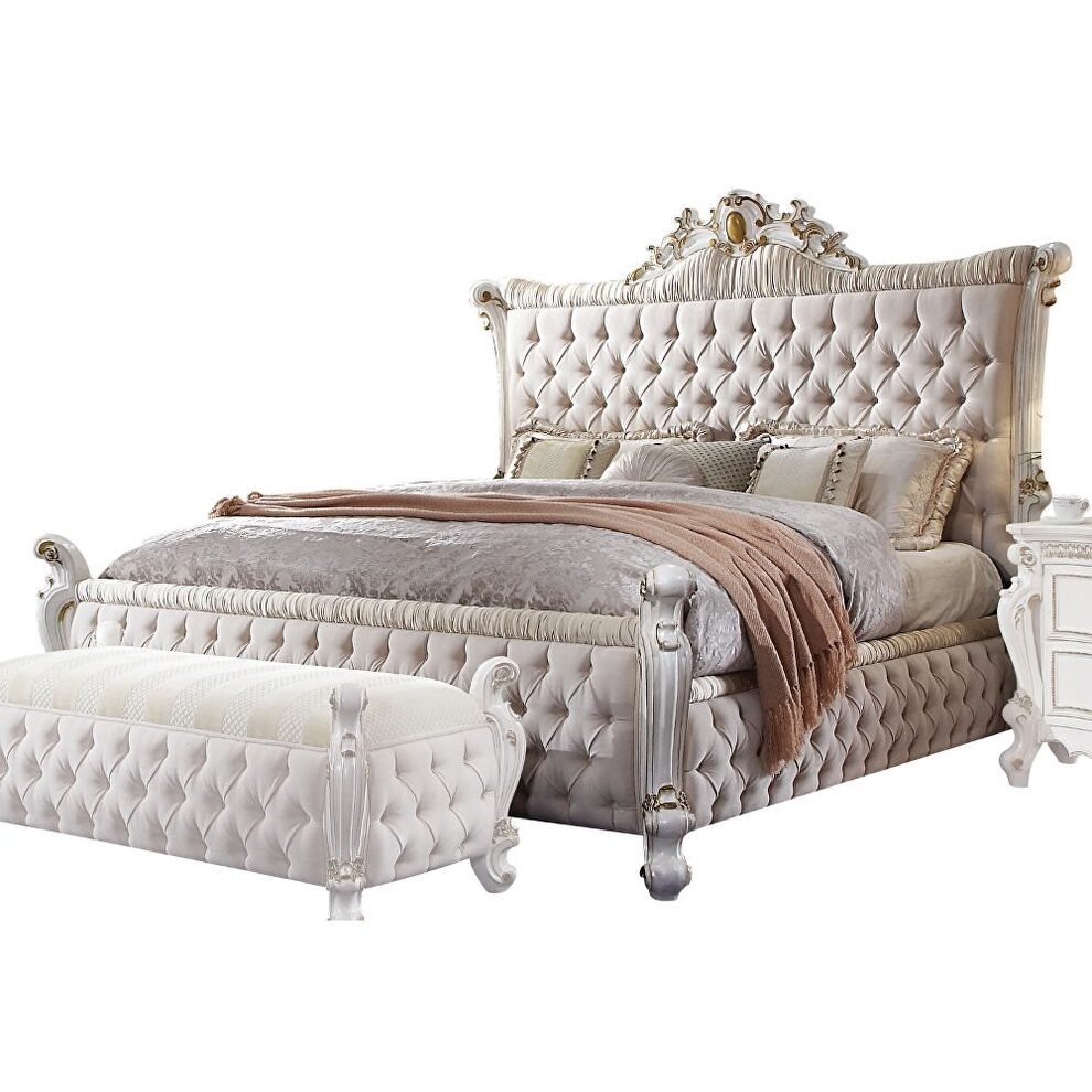 Fabric & antique pearl king bed by Acme