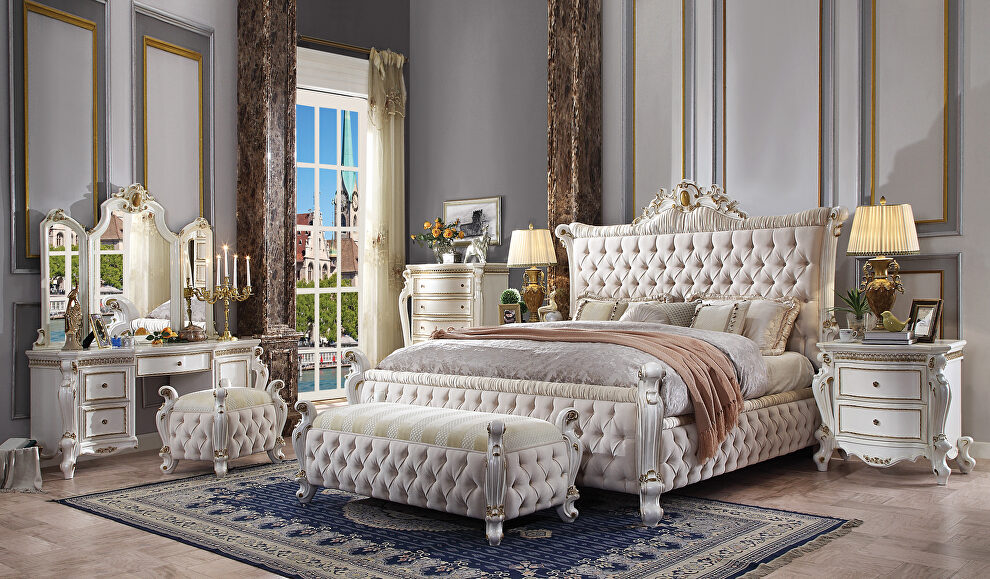 Fabric & antique pearl queen bed by Acme