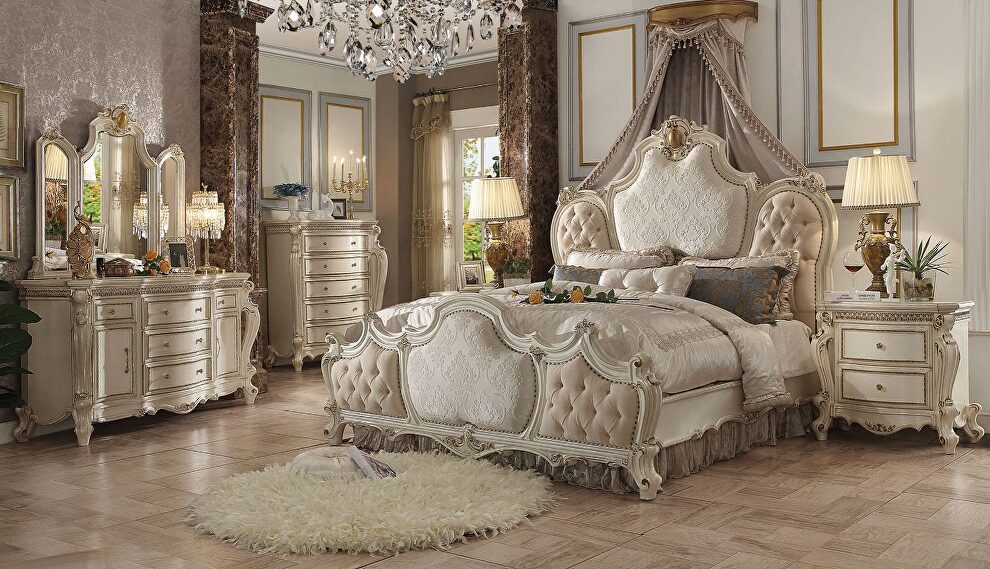 Fabric & antique pearl picardy eastern king bed by Acme