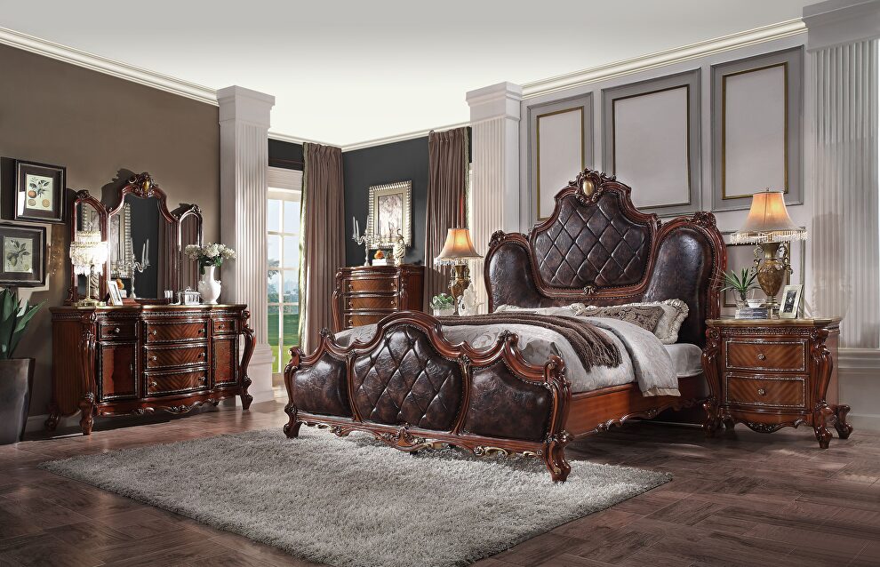 Pu leather & cherry oak royal style queen bed by Acme