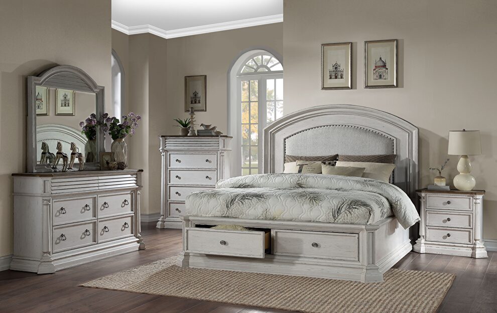 Fabric & antique white queen bed w/storage by Acme