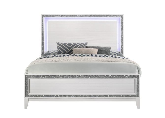 Cream white finish shimmering silver trim accent king bed w/ led by Acme