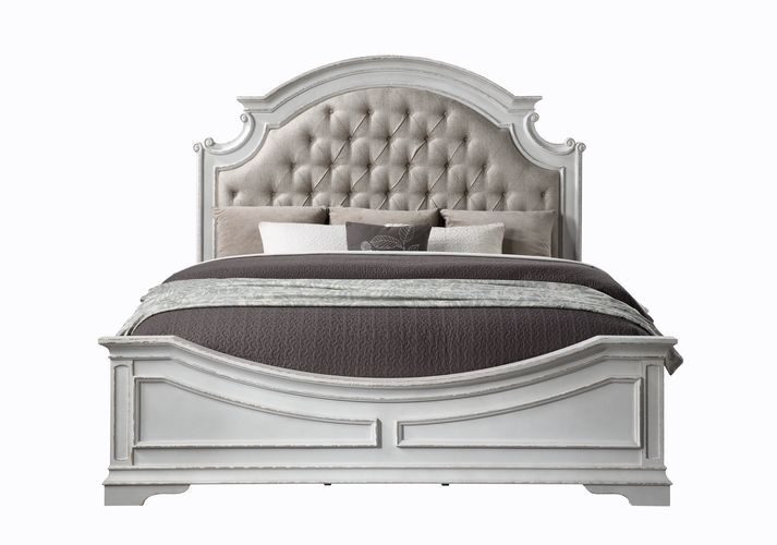 Beige pu upholstery headboard & antique white finish king bed by Acme