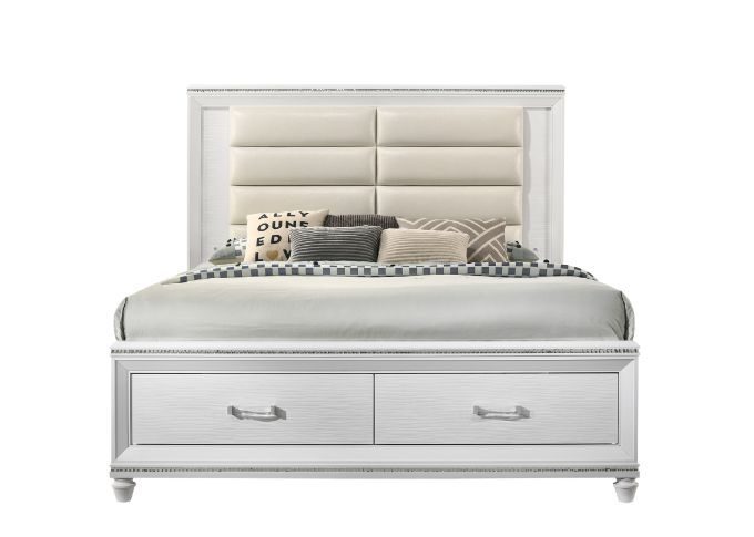 Pearl white pu headboard & white finish king bed w/ storage by Acme