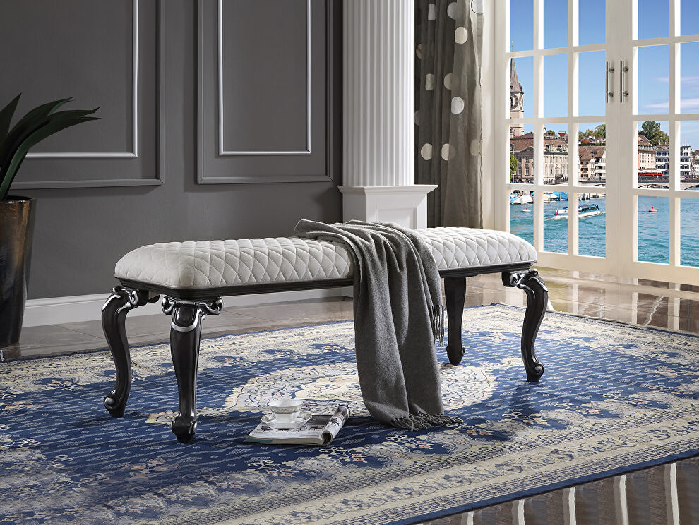 Two tone ivory fabric upholstery & charcoal finish legs bench by Acme