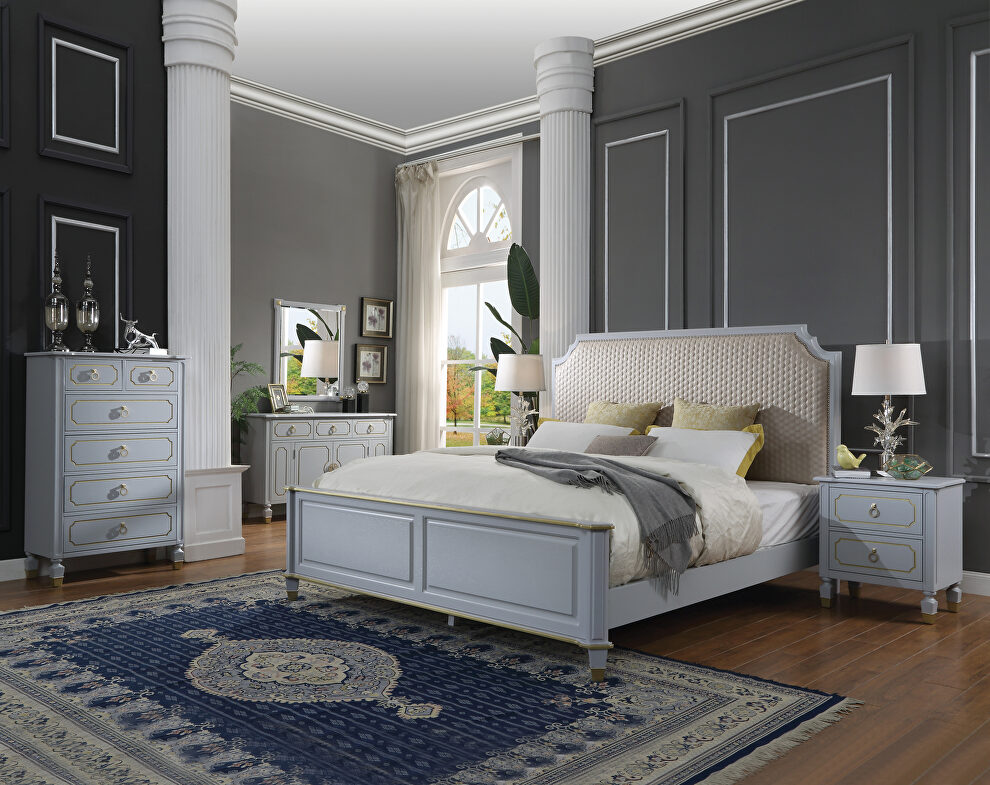 Two tone beige fabric & pearl gray finish queen bed by Acme