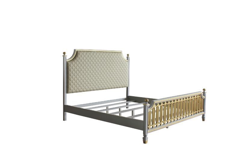 Beige pu scooped upholstered headboard & pearl gray finish king bed by Acme