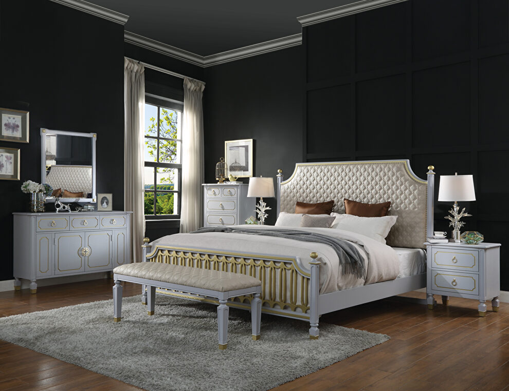 Beige pu scooped upholstered headboard & pearl gray finish queen bed by Acme
