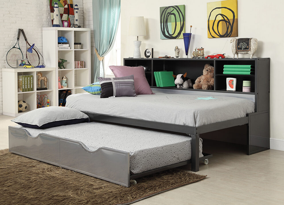Black & silver twin bed w/bookcase & trundle by Acme