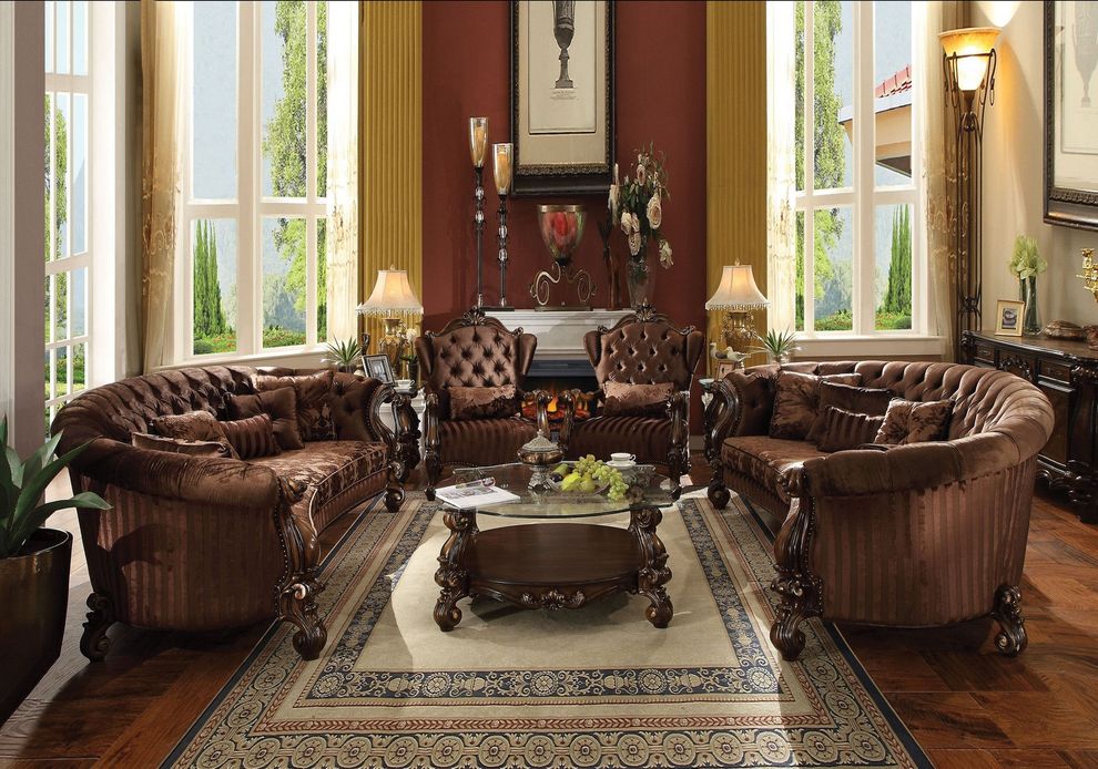 Cherry oak/brown velvet oversized classic sofa by Acme