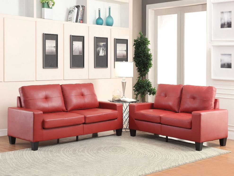 Red pu leather affordable sofa + loveseat set by Acme