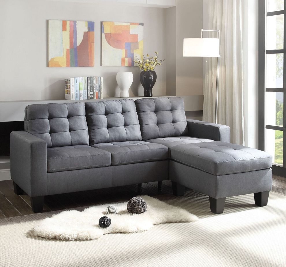 Gray linen reversible sectional sofa + ottoman set by Acme