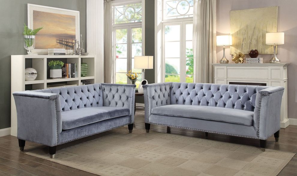 Blue/gray velvet sofa in mid-century style by Acme
