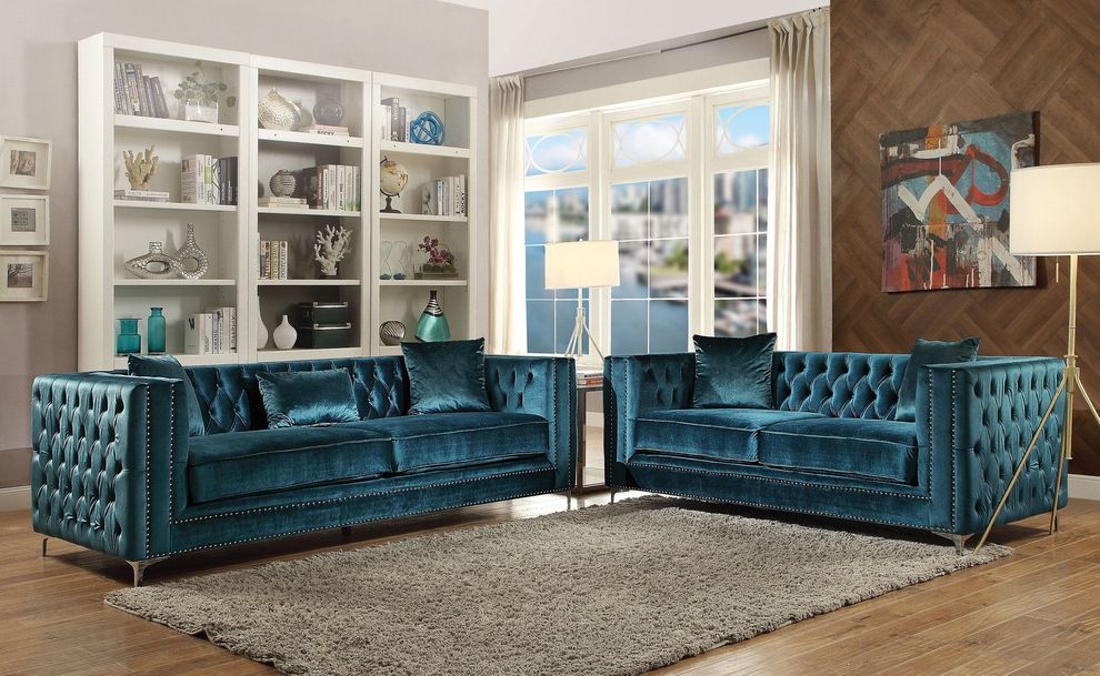Dark teal velvet fabric sofa by Acme
