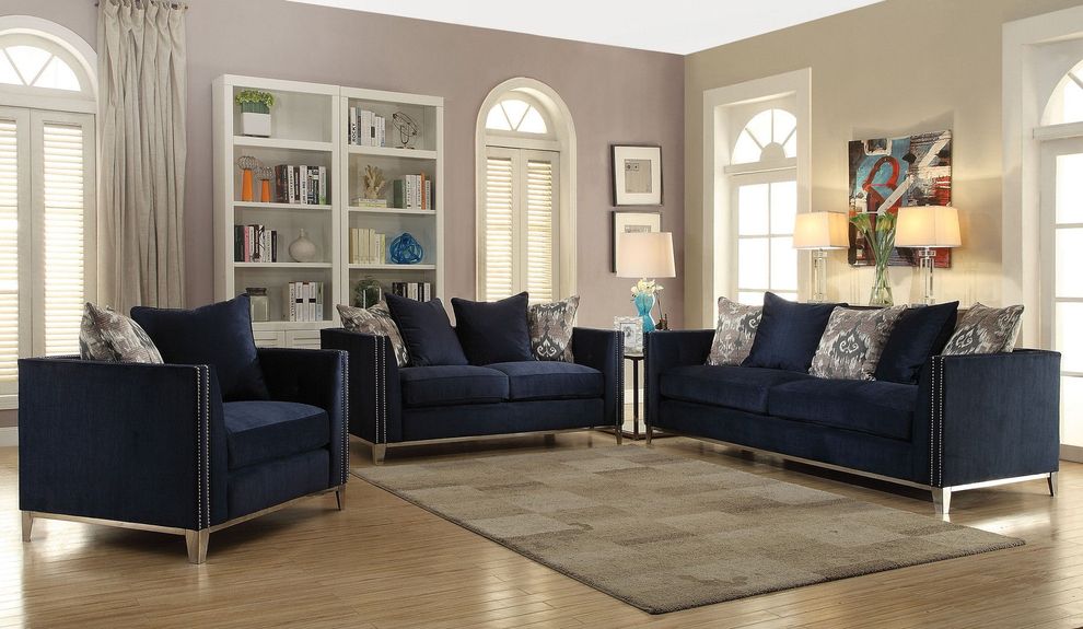 Blue fabric / nailhead trim contemporary couch by Acme