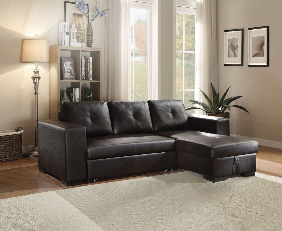 Black pu leather sectional w/ storage/bed by Acme