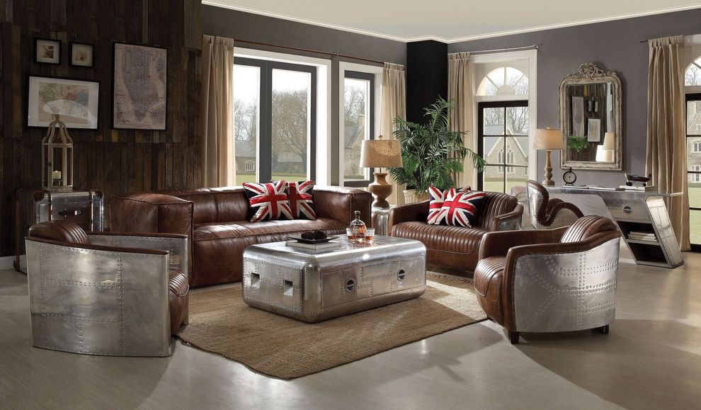 Brown top grain aluminum sofa set by Acme