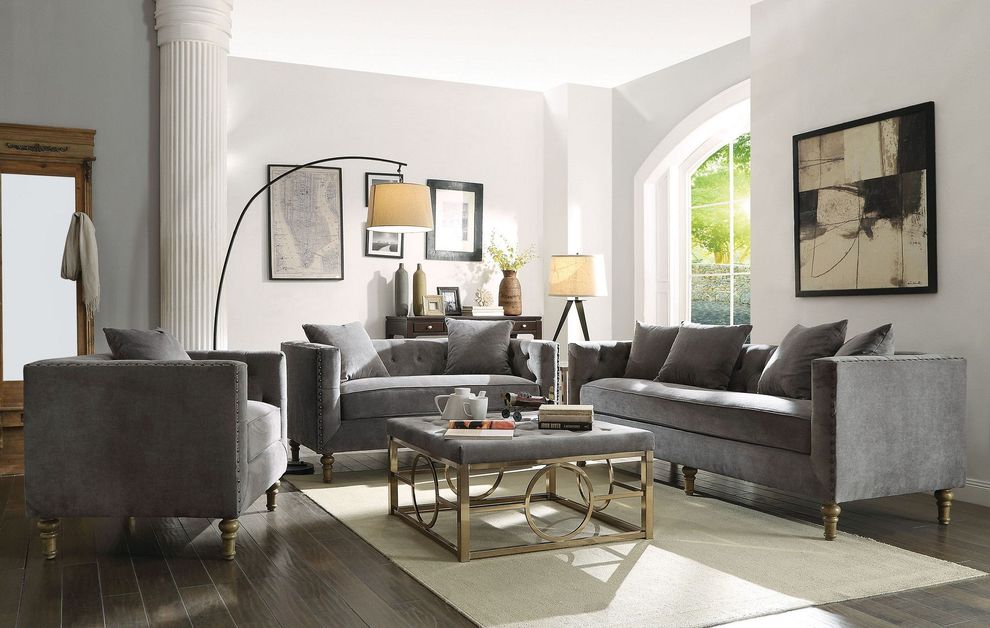 Gray velvet fabric mid-century style sofa by Acme
