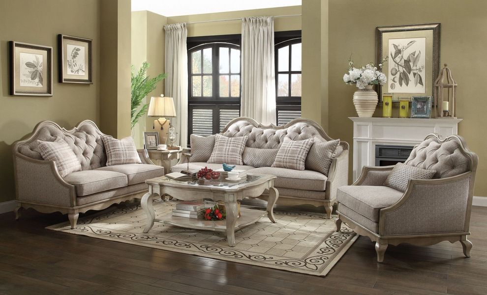 Antique taupe finish / beige fabric classic sofa by Acme